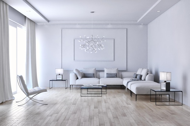 Appartamento con interni luminosi e moderni Illustrazione di rendering 3D del soggiorno