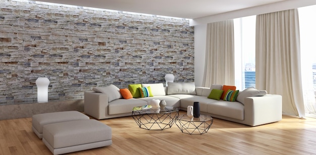 Appartamento con interni luminosi e moderni Illustrazione di rendering 3D del soggiorno