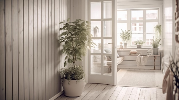 Appartamento interno con porta in legno bianco vecchio stile Pavimento in legno fatto di assi IA generativa