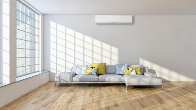Appartamento interno moderno con illustrazione di rendering 3D dell'aria condizionata