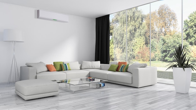 Appartamento moderno e luminoso con interni Soggiorno con illustrazione di aria condizionata Rendering 3D di immagini generate al computer
