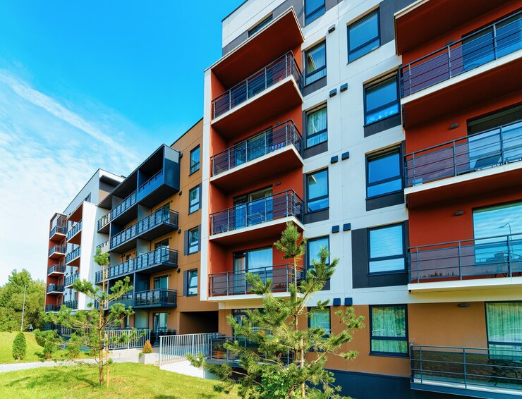 Appartamento moderno edificio piatto concetto esterno immobiliare. Strutture residenziali all'aperto.