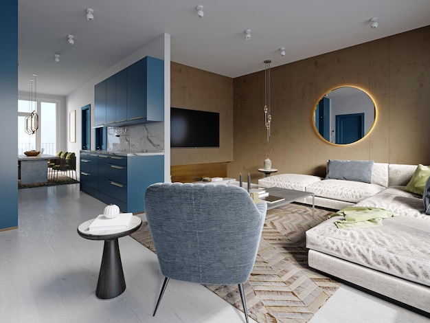 Appartamento monolocale con mobili da cucina blu e bianco con pareti marroni e soggiorno