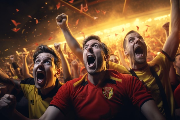 Appassionati di calcio belgi che applaudono la loro squadra durante una partita allo stadio ai generato