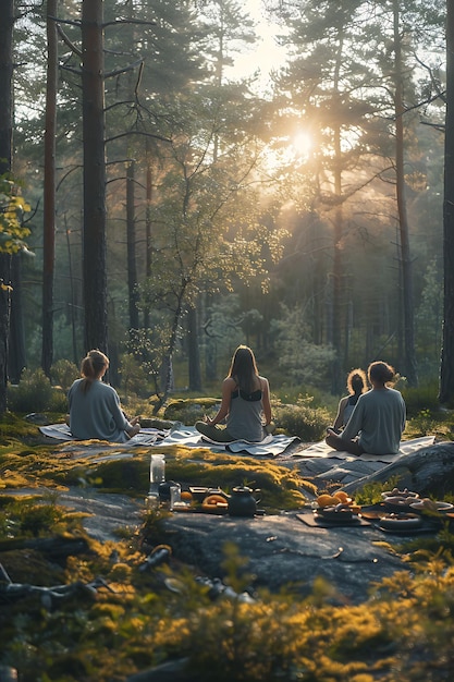 Appassionati di yoga che meditano in una serena foresta svedese con le attività di vacanza dei vicini sullo sfondo