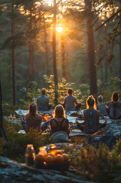 Appassionati di yoga che meditano in una serena foresta svedese con le attività di vacanza dei vicini sullo sfondo