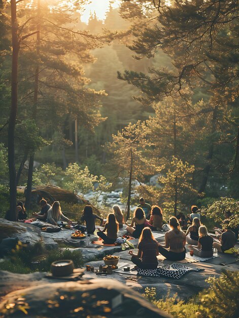 Appassionati di yoga che si esercitano in una serena foresta svedese con le attività di vacanza dei vicini sullo sfondo