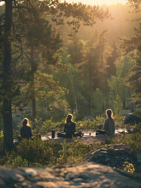 Appassionati di yoga che si esercitano in una serena foresta svedese con le attività di vacanza dei vicini sullo sfondo