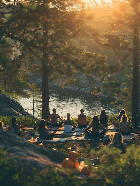 Appassionati di yoga che si esercitano in una serena foresta svedese con le attività di vacanza dei vicini sullo sfondo