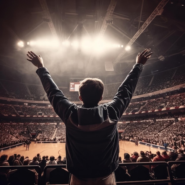 Appassionato di basket dello stadio sugli spalti alzando le mani