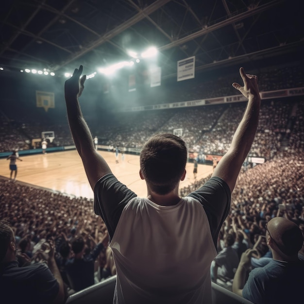 Appassionato di basket dello stadio sugli spalti alzando le mani