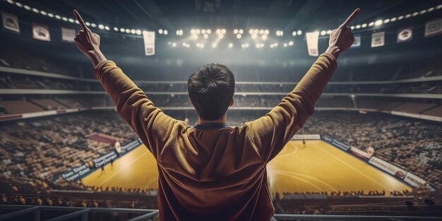 Appassionato di basket sugli spalti di uno stadio di basket che alza le braccia tifando per la sua squadra