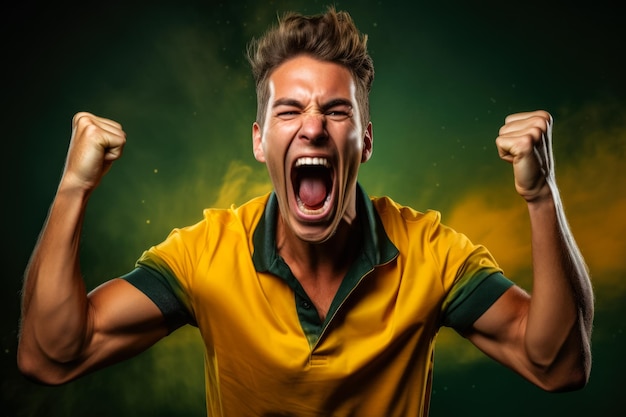 Appassionato di calcio australiano che celebra una vittoria su sfondo verde e oro con spazio vuoto per il testo