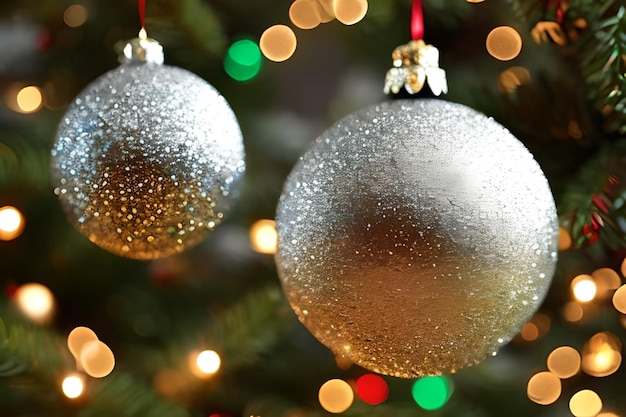 Appendere luccicante palla d'argento Decorazione di ornamento di Natale presso l'albero di Natale Sfondo per i saluti stagionali
