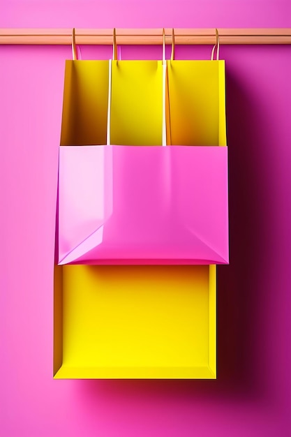 Appendiabiti rosa vuoto e sacchetto di carta bianca su sfondo giallo con spazio per la copia