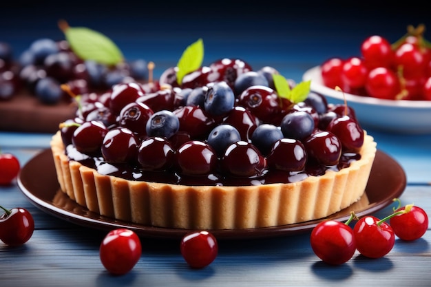 appetitosa crostata di pasta frolla burrosa ornata da un vivace mix di mirtilli e ciliegie su sfondo blu