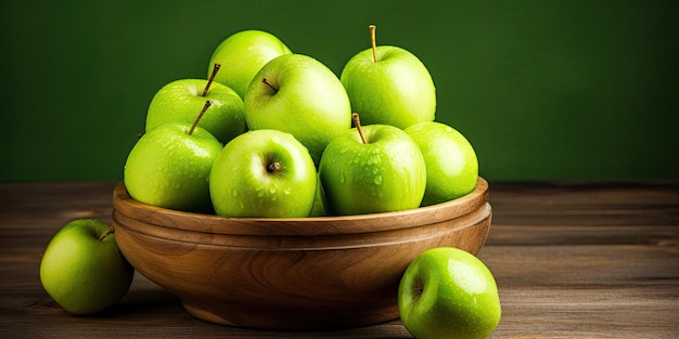 Appetitose mele verdi in una ciotola di legno su un tavolo di legno con spazio per il testo buona nutrizione