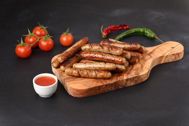 Appetitosi salsicce fritte con salsa di peperoncino piccante su sfondo scuro.