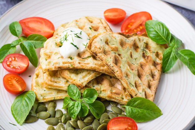 Appetitosi waffle di zucchine, pomodori, semi di zucca e basilico su un piatto sul tavolo. Cibo vegetariano dieta vegetale. Avvicinamento