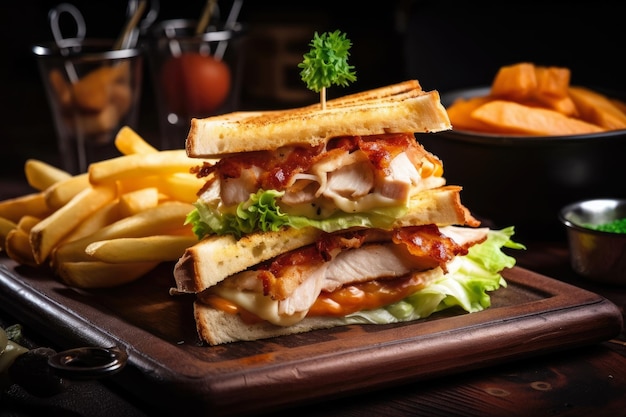 Appetitoso Club Sandwich con strati di succoso pollo alla griglia e pancetta croccante