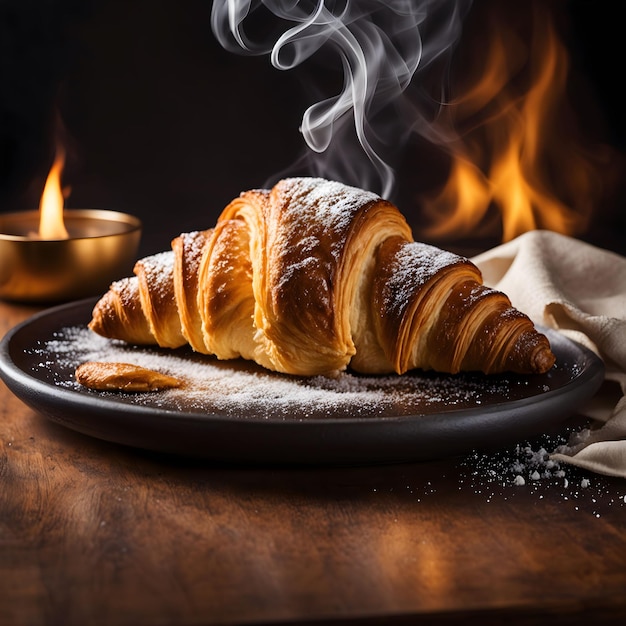 Appetitoso croissant caldo su un tavolo di legno