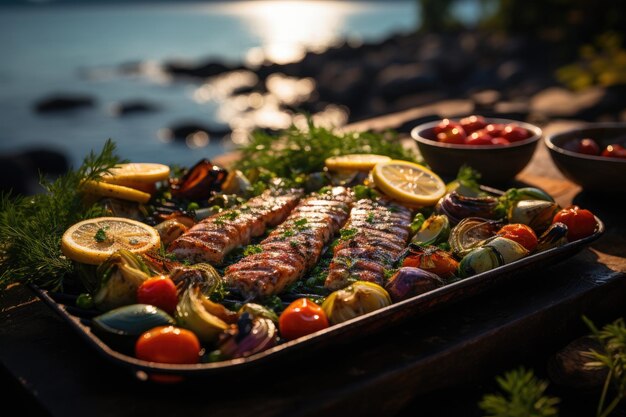 Appetitoso pesce alla griglia con verdure alla griglie