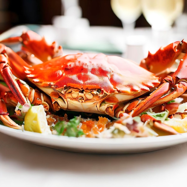 Appetitoso piatto di granchio su un piatto bianco in un ristorante