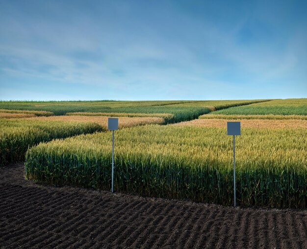 appezzamenti di campo settori di specie di cereali con segnaletica su terreni arati