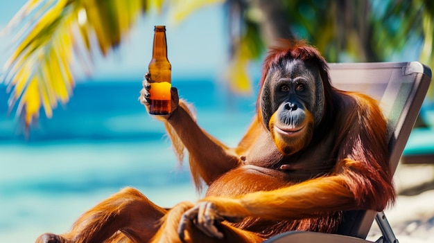 Applaude un striscione che pubblicizza una vacanza in un resort un ritratto di un orangotan in un lettino