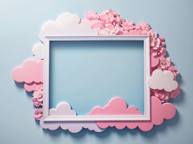 Applicazione di carta attorno a una cornice bianca vuota realizzata a forma di nuvole nei toni del blu e del rosa AI generativa