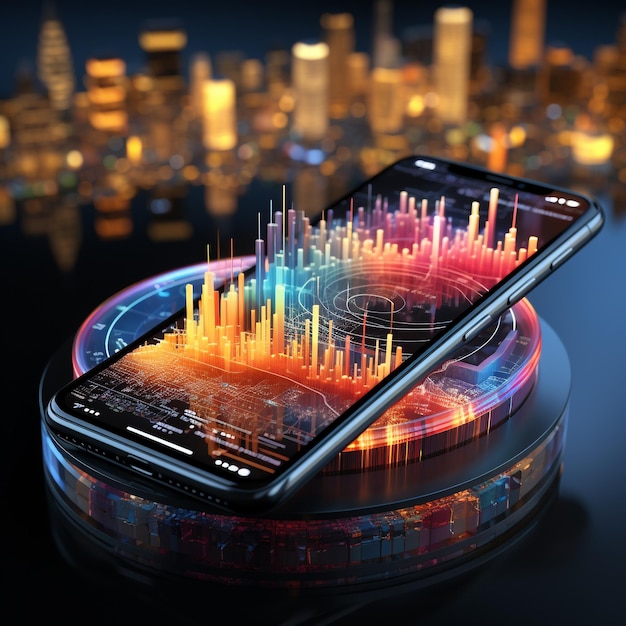 Applicazione di smartphone con grafici aziendali e dati analitici su analisi isometrica di telefoni cellulari