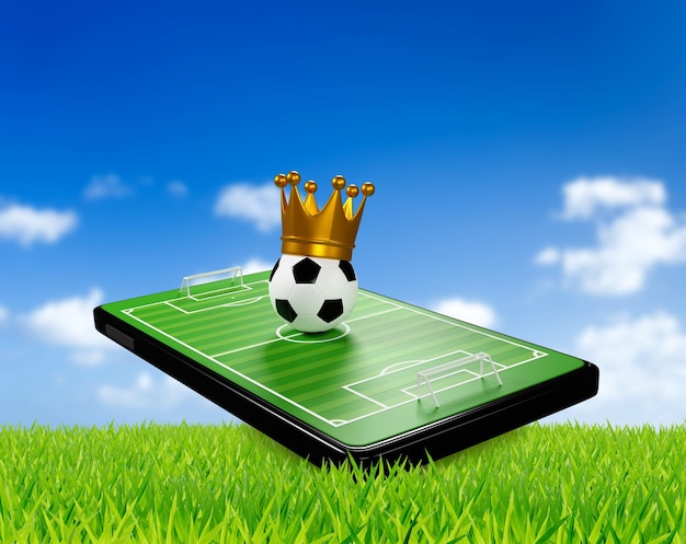 Applicazione online di calcio su smartphone Campi da calcio schermo telefono cellulare notizie calcio concetto sport canale rendering 3d