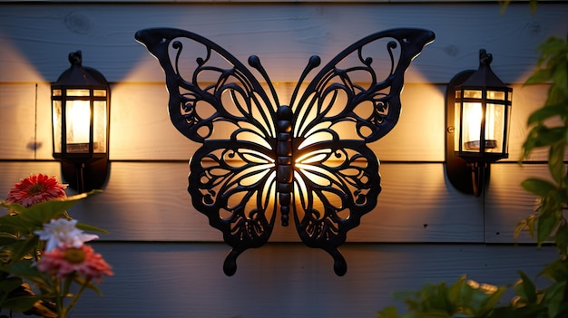 applique da parete per casa di design con luce d'accento in ghisa a farfalla, applique per patio isolata su sfondo bianco