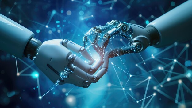 Apprendimento automatico Artificiale Mani di robot e umani che toccano la connessione di rete di grandi dati Scambio di dati apprendimento profondo Scienza e tecnologia di intelligenza artificiale