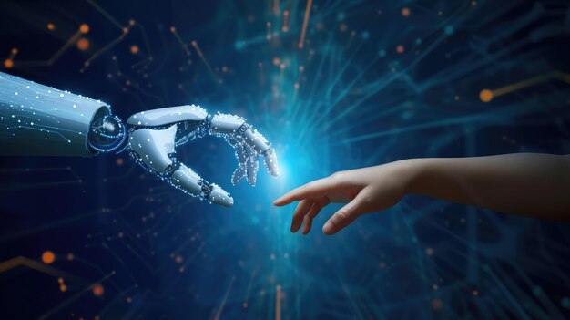 Apprendimento automatico Artificiale Mani di robot e umani che toccano la connessione di rete di grandi dati Scambio di dati apprendimento profondo Scienza e tecnologia di intelligenza artificiale