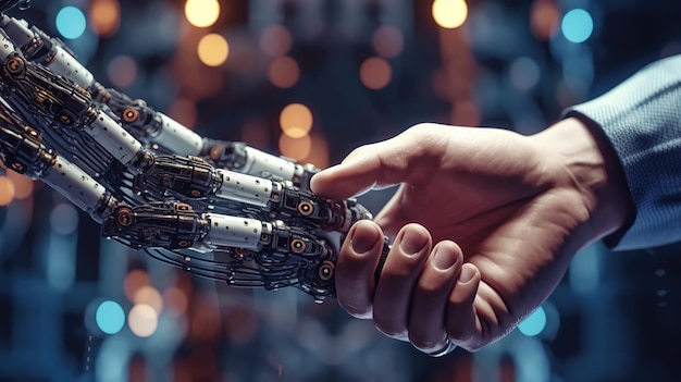 Apprendimento automatico dell'intelligenza artificiale Mani di robot e esseri umani che toccano la rete di big data