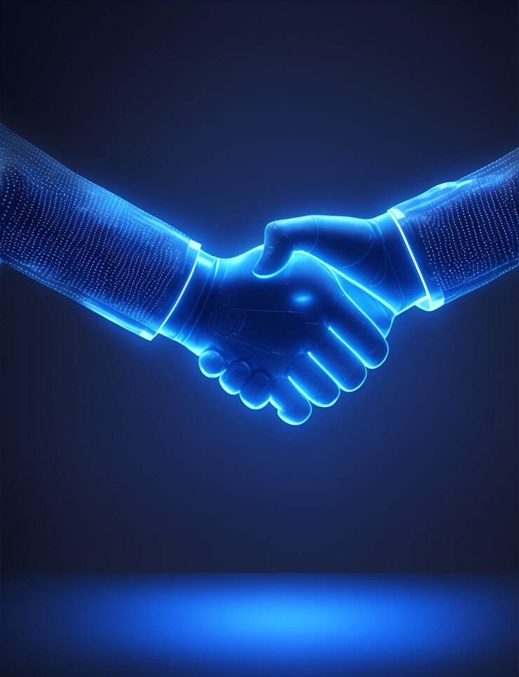 Apprendimento automatico Mani di robot e persone che toccano lo sfondo della connessione di rete di big data