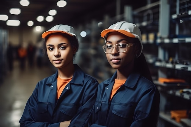 Apprendimento del sistema di sicurezza della macchina del team tecnico Operaio del settore uomo in piedi in fabbrica Impiegato operatori di fabbrica di magazzino donne operaie nere Ai generativa