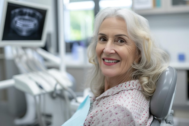 Appuntamento di successo dal dentista donna attraente di mezza età sulla sedia del dentista è in un'assistenza sanitaria