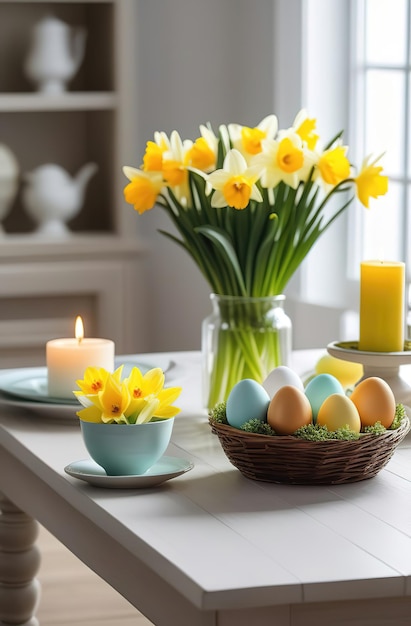 appuntamento per la tavola di Pasqua narcisi fiori uova di Pasqua dolce servire