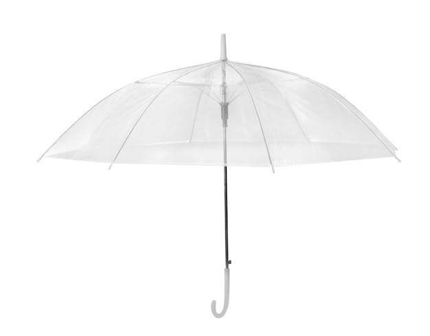 Apra l'ombrello trasparente moderno isolato su bianco