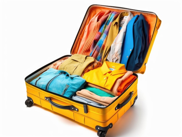 Apra la valigia gialla con vestiti multicolori isolati su sfondo bianco