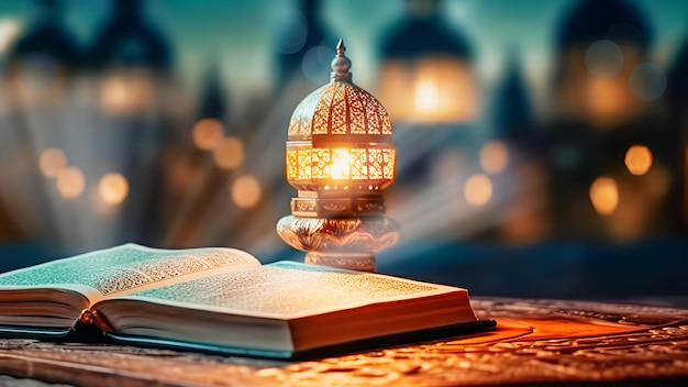 Apri il libro del Corano e la lanterna orientale sul paesaggio urbano notturno sfocato