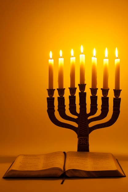 Apri la Sacra Bibbia e la Menorah con 7 candele accese