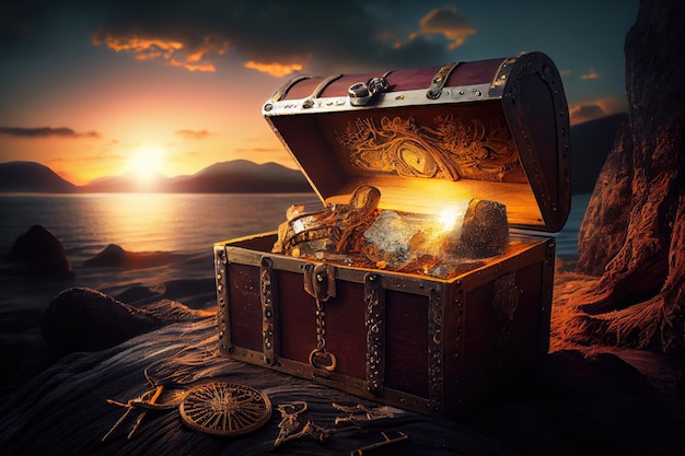 Apri lo scrigno del tesoro pieno di oggetti d'oro al tramonto con la Generative AI Technology