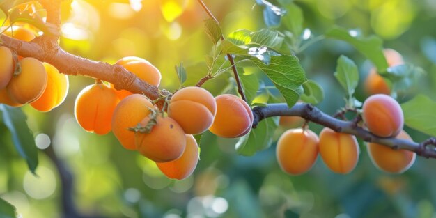 Apricotti che crescono sul ramo di un albero al sole.