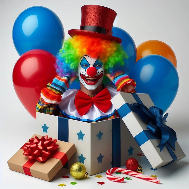 April Fools Day Doll del clown con un clown divertente in scatola regalo Sottofondo bianco