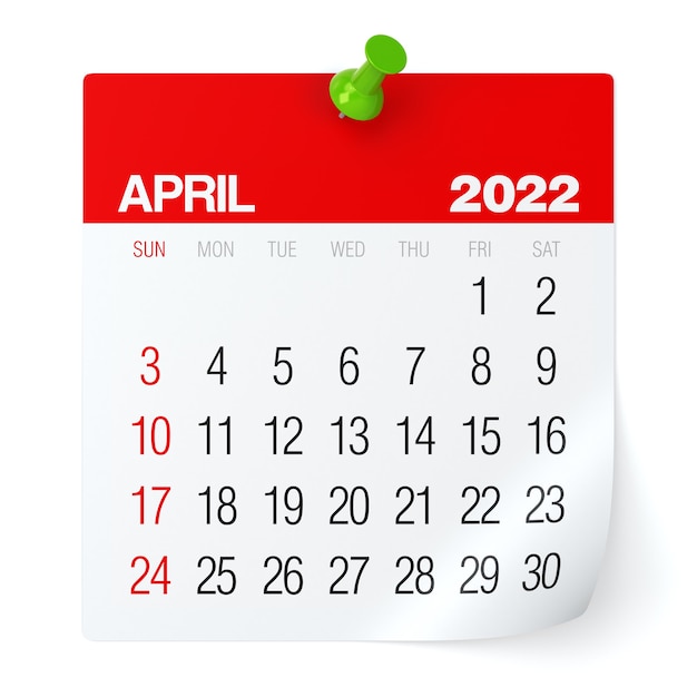 Aprile 2022 - Calendario. Isolato su sfondo bianco. Illustrazione 3D