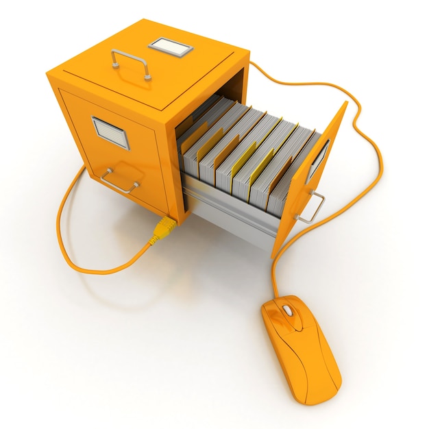 Aprire il cassetto dello schedario giallo collegato a un mouse del computer