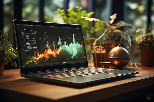 aprire il laptop e il telefono cellulare sul tavolo con la grafica in crescita Foto di un'area di lavoro generata dall'intelligenza artificiale